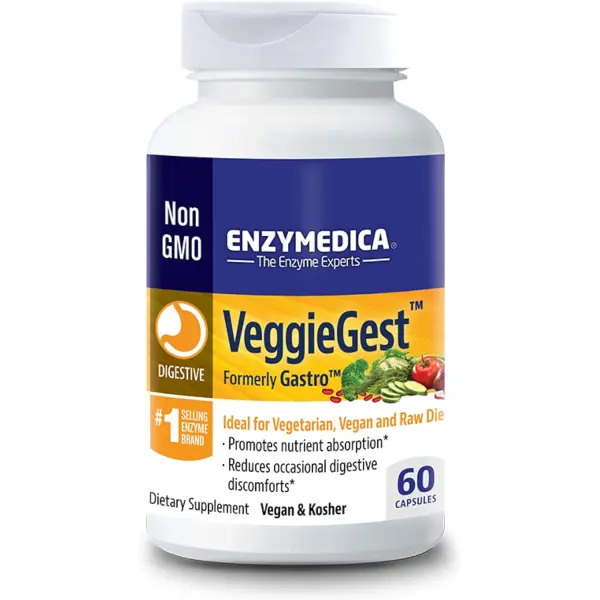 Enzymedica VeggieGest, Digestive Enzymes for Vegan, Vegetarian and Raw Diets, Prevents Gas and Bloating, 60 Count