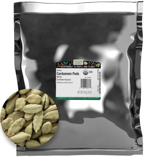 Frontier Co-op Organic Whole Cardamom Pods, 1-Pound, Sweet, Warm Taste, Exotic Floral Aroma, Certified Organic & Kosher