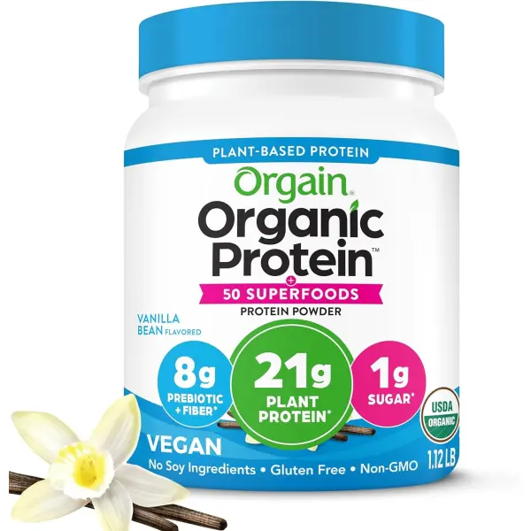 Orgain Organic Vegan Protein + 50 Superfoods Powder, Vanilla Bean – 21g Plant Based Protein, 8g Prebiotic Fiber, No Lactose Ingredients, Gluten Free, No Added Sugar, Non-GMO, 1.12 lb