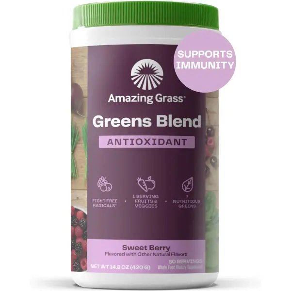 Amazing Grass Greens Superfood Antioxidant: Greens Powder with Organic Spirulina, Beet Root Powder, Elderberry & Probiotics, Sweet Berry, 60 Servings (Packaging May Vary)