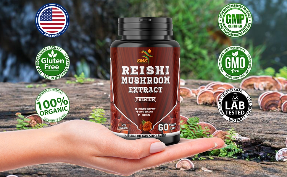 Reishi mushroom new label 60 capsules black bottle in hand flat photo a plus.