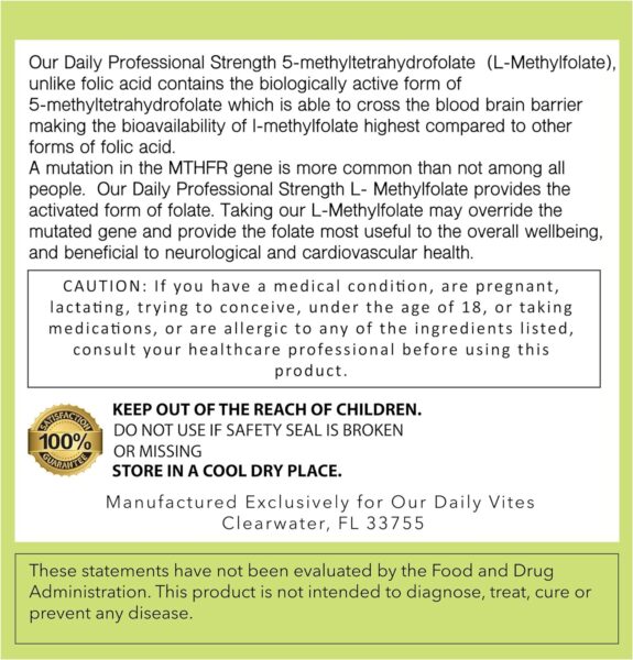 Our Daily Vites L-Methylfolate 5 mg / 5000 mcg Maximum Strength Active Folate, 5-MTHF, Filler Free, Gluten Free, Non-GMO, Vegetarian Capsules 90 Count (3 Month Supply)