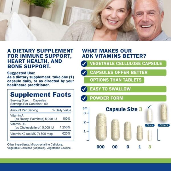Power By Naturals ADK Vitamin Supplement: Vitamin A, Vitamin D3 5000 iu, and Vitamin K2 MK-7, Support Bone Health Vitamin ADK Supplement, Pure Vitamin D3 K2 MK7 & A, 60 Capsules (2 Month Supply)