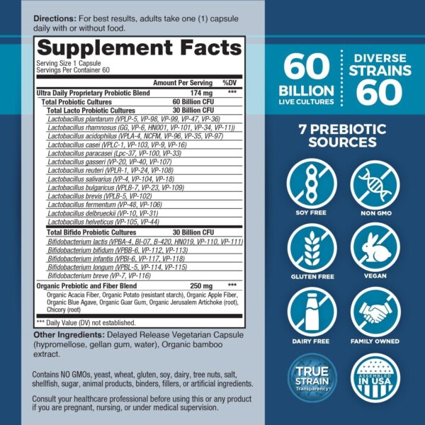 Vital Planet – Vital Flora Ultra Daily Probiotic 60 Billion CFU, Diverse Strains, Organic Prebiotics, Immune Support, Bloating Relief, Digestive Health Probiotics for Women and Men 60 Capsules