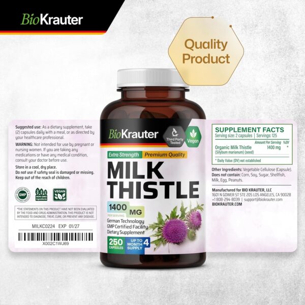 MAUWE Herbs Milk Thistle Organic Capsules – Liver Cleanse, Detox & Repair Supplement – 250 Vegan Silymarin Pills Liver – Milk Thistle Powder 1400 mg – Non GMO