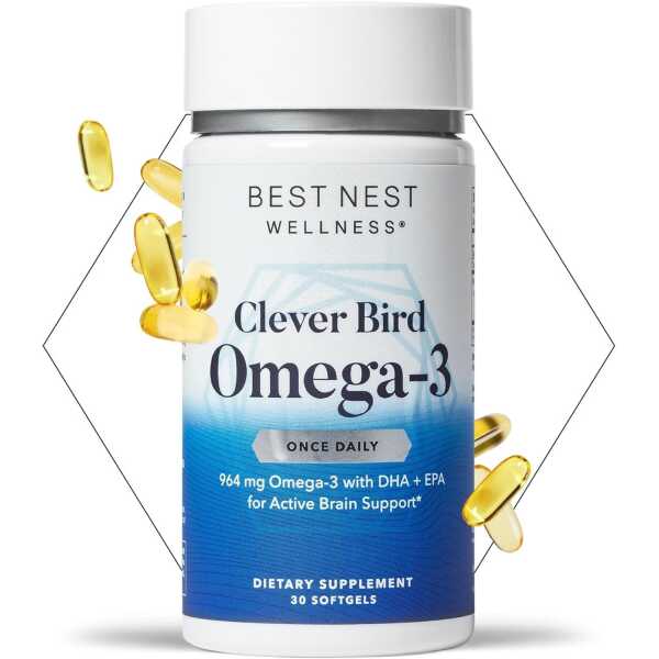 Best Nest Wellness Omega 3 Fish Oil, DHA + EPA Fatty Acids, Brain Health Support Supplement, 956mg, Gluten Free, Non-GMO, EPA DHA Omega 3 Supplement, 30 Softgels