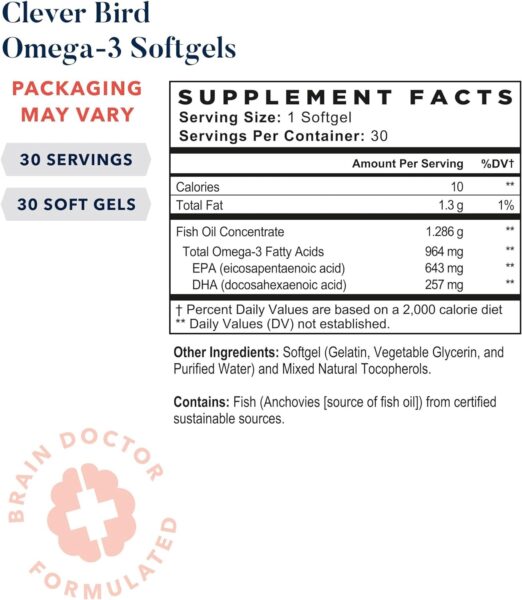 Best Nest Wellness Omega 3 Fish Oil, DHA + EPA Fatty Acids, Brain Health Support Supplement, 956mg, Gluten Free, Non-GMO, EPA DHA Omega 3 Supplement, 30 Softgels