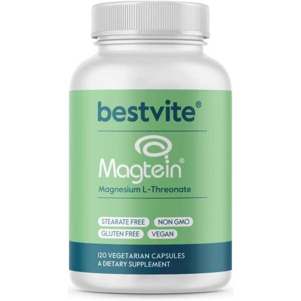 BESTVITE Magtein Magnesium L-Threonate Capsules – 2000mg per Serving (120 Vegetarian Capsules) – Patented and Bioavailable Magnesium – No Stearates – No Fillers – Vegan – Non GMO – Gluten Free