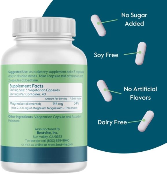 BESTVITE Magtein Magnesium L-Threonate Capsules – 2000mg per Serving (120 Vegetarian Capsules) – Patented and Bioavailable Magnesium – No Stearates – No Fillers – Vegan – Non GMO – Gluten Free