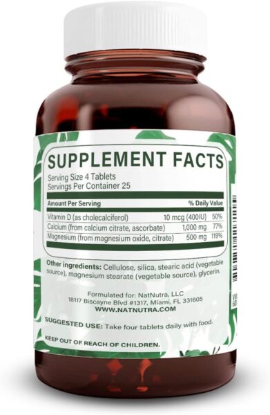 Natural Nutra Cal-Mag Citrate with Vitamin D3,1000/500 mg Complex, Strengthen Bone Density, Muscle and Nerve Health, Highly Bioavailable Sources, 100 Vegan Tablets