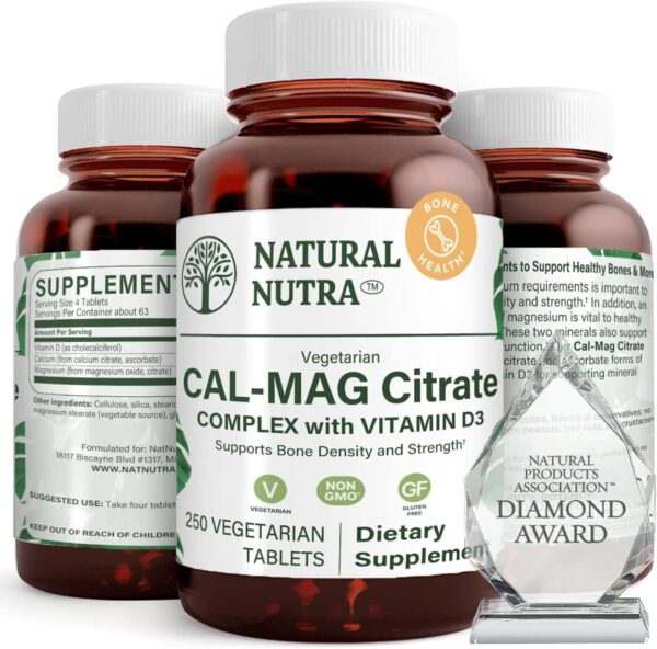 Natural Nutra Cal-Mag Citrate with Vitamin D3,1000/500 mg Complex, Strengthen Bone Density, Muscle and Nerve Health, Highly Bioavailable Sources, 100 Vegan Tablets