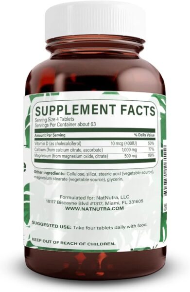 Natural Nutra Cal-Mag Citrate with Vitamin D3,1000/500 mg Complex, Strengthen Bone Density, Muscle and Nerve Health, Highly Bioavailable Sources, 100 Vegan Tablets