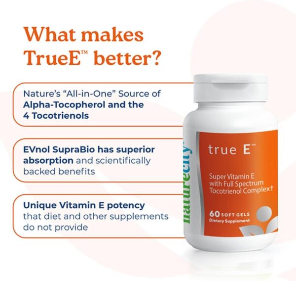 True-E Full Spectrum Tocotrienols Vitamin E Capsules | Non-GMO Natural Vitamin E Tocotrienols & Alpha Tocopherol Dietary Supplement | Evnol Suprabio Complex | 60 Vitamin E 27mg Softgels