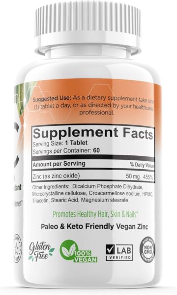 60 Zinc Supplements Specially Formulated for Sensitive Stomachs, Vitamins for Adults Daily Supplement Vegan 50mg, Non GMO, Easy to Swallow Zink Vitaminas
