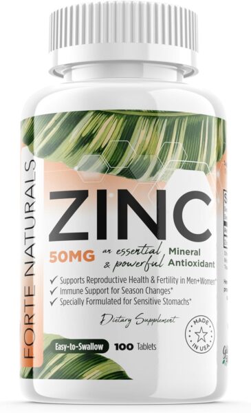 60 Zinc Supplements Specially Formulated for Sensitive Stomachs, Vitamins for Adults Daily Supplement Vegan 50mg, Non GMO, Easy to Swallow Zink Vitaminas