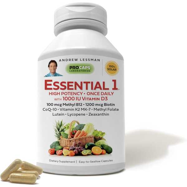 ANDREW LESSMAN Essential-1 Multivitamin 1000 IU Vitamin D3 30 Small Capsules – 100 mcg Methyl B12. CoQ10 Lutein Lycopene Zeaxanthin. High Potency. No Additives. Gentle Ultra-Mild. One Daily Capsule