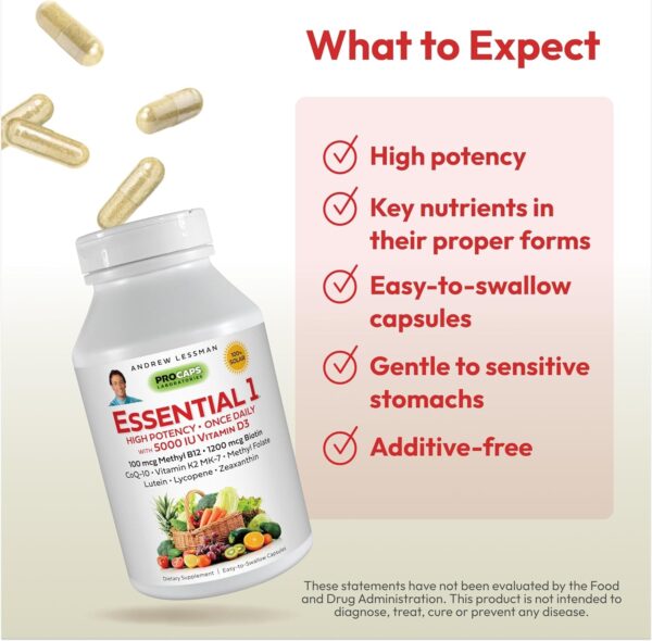 ANDREW LESSMAN Essential-1 Multivitamin 1000 IU Vitamin D3 30 Small Capsules – 100 mcg Methyl B12. CoQ10 Lutein Lycopene Zeaxanthin. High Potency. No Additives. Gentle Ultra-Mild. One Daily Capsule