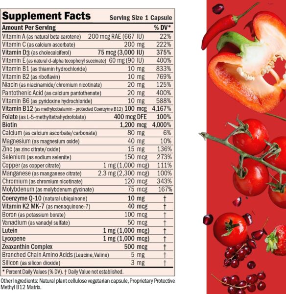 ANDREW LESSMAN Essential-1 Multivitamin 1000 IU Vitamin D3 30 Small Capsules – 100 mcg Methyl B12. CoQ10 Lutein Lycopene Zeaxanthin. High Potency. No Additives. Gentle Ultra-Mild. One Daily Capsule