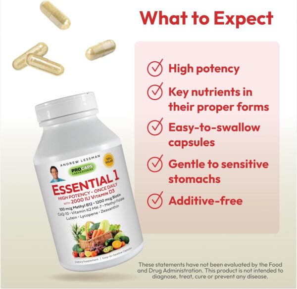 ANDREW LESSMAN Essential-1 Multivitamin 1000 IU Vitamin D3 30 Small Capsules – 100 mcg Methyl B12. CoQ10 Lutein Lycopene Zeaxanthin. High Potency. No Additives. Gentle Ultra-Mild. One Daily Capsule