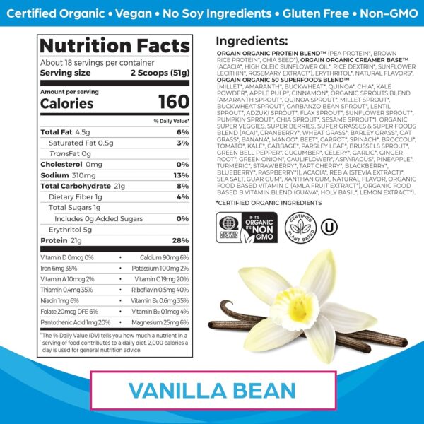 Orgain Organic Vegan & Organic Protein + Superfoods Powders, Vanilla Bean Flavors – Plant Based Protein, Gluten Free
