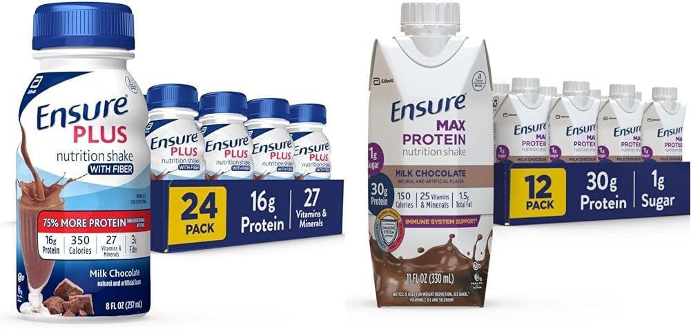 Ensure Plus Nutrition Shake With Fiber & Ensure Max Protein Nutrition Shake with 30g of Protein, 1g of Sugar, High Protein Shake, Milk Chocolate, 11 Fl Oz (Pack of 12), Liquid, Halal 1 Ensure Plus Nutrition Shake With Fiber & Ensure Max Protein Nutrition Shake with 30g of Protein, 1g of Sugar, High Protein Shake, Milk Chocolate, 11 Fl Oz (Pack of 12), Liquid, Halal