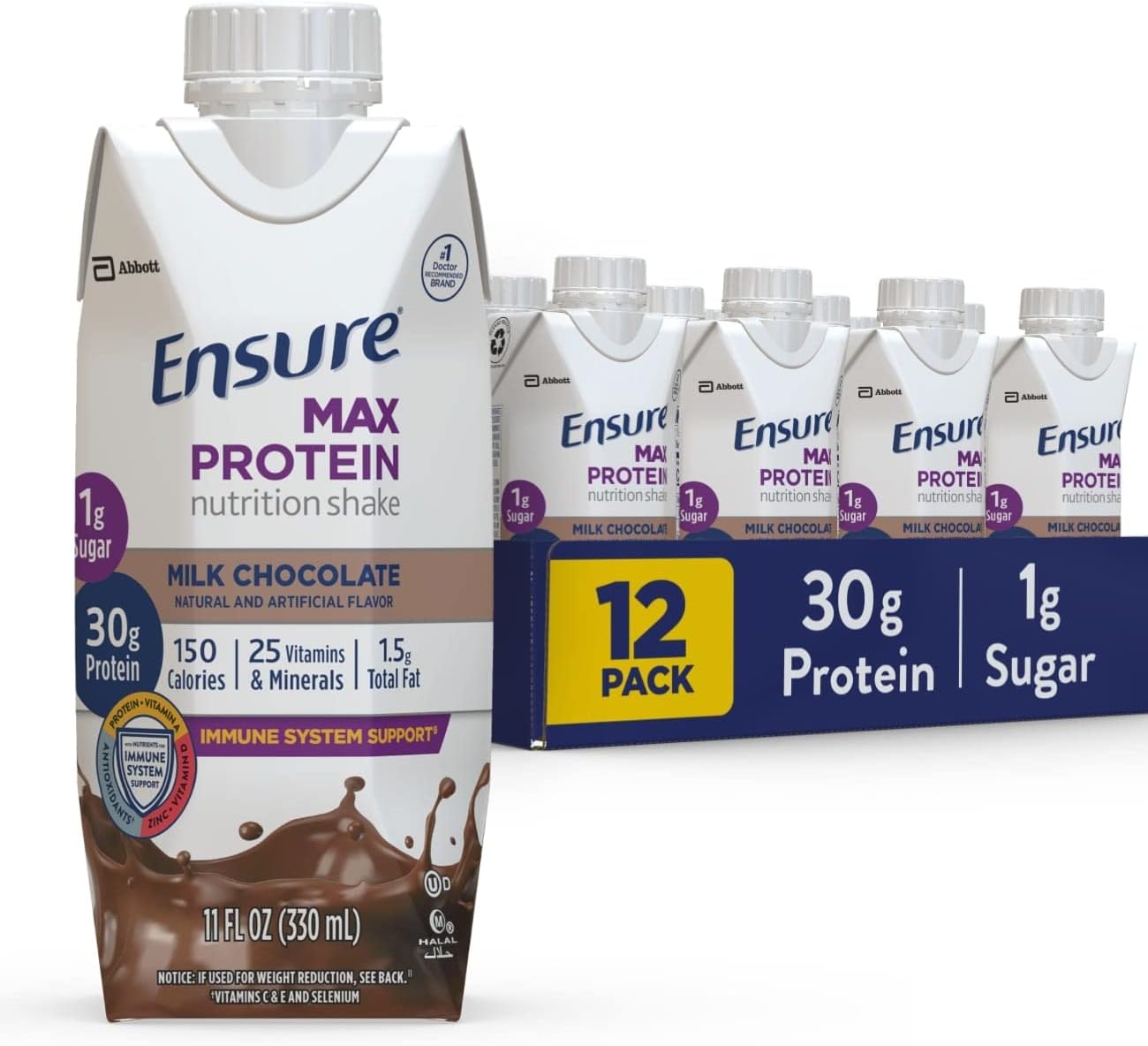 Ensure Plus Nutrition Shake With Fiber & Ensure Max Protein Nutrition Shake with 30g of Protein, 1g of Sugar, High Protein Shake, Milk Chocolate, 11 Fl Oz (Pack of 12), Liquid, Halal 5 Ensure Plus Nutrition Shake With Fiber & Ensure Max Protein Nutrition Shake with 30g of Protein, 1g of Sugar, High Protein Shake, Milk Chocolate, 11 Fl Oz (Pack of 12), Liquid, Halal