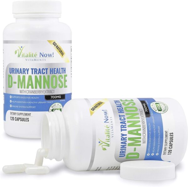 High Strength Pure D-Mannose with Cranberry Extract for Natural Urinary Tract Infections and UTI Support – Digestive Health – Immune System Support – 700mg – Non-GMO – 120 Pills