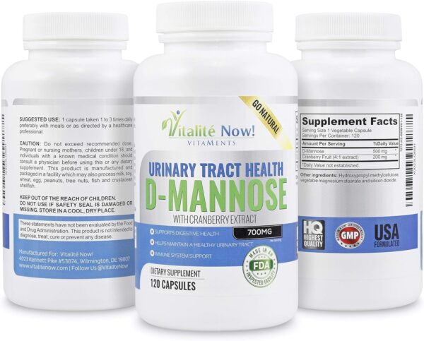 High Strength Pure D-Mannose with Cranberry Extract for Natural Urinary Tract Infections and UTI Support – Digestive Health – Immune System Support – 700mg – Non-GMO – 120 Pills