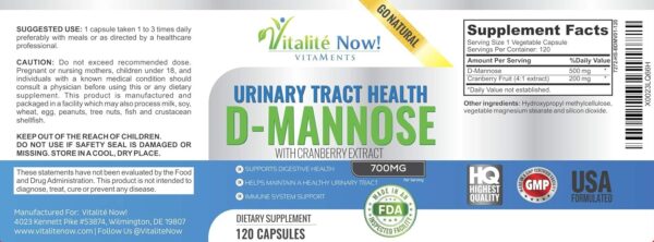 High Strength Pure D-Mannose with Cranberry Extract for Natural Urinary Tract Infections and UTI Support – Digestive Health – Immune System Support – 700mg – Non-GMO – 120 Pills