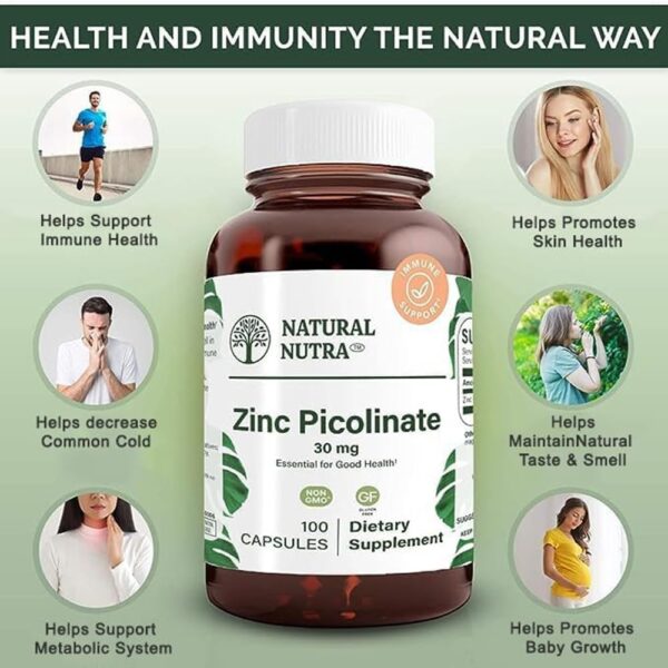 Natural Nutra Zinc Picolinate 30 mg, Double Strength, Raw and Pure, Highly Bioavailable Supplement for Growth and Immune Support, 100 Capsules