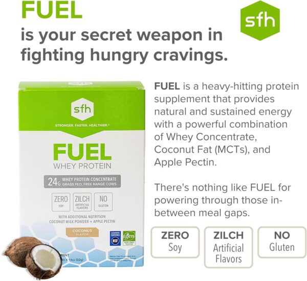 SFH Fuel Whey Protein Powder Great Tasting Grass Fed Whey | MCTs & Fiber for Energy | All Natural | Soy Free, Gluten Free, No RBST, No Artificial Flavors (Coconut (10 Pack))