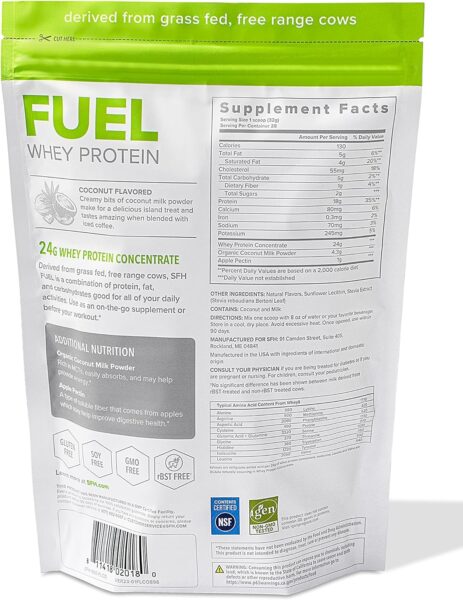 SFH Fuel Whey Protein Powder Great Tasting Grass Fed Whey | MCTs & Fiber for Energy | All Natural | Soy Free, Gluten Free, No RBST, No Artificial Flavors (Coconut (10 Pack))