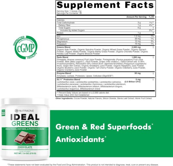 NutraOne Ideal Greens Antioxidant and Nutrient-Rich Superfood Greens Powder Supplement (Chocolate- 30 Servings)