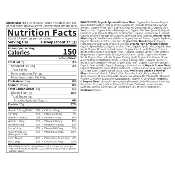 Garden of Life Vegan Protein Powder – Raw Organic Meal Replacement Shakes – Lightly Sweet – Pea Protein, Greens and Probiotics for Women and Men, Plant Based Dairy Free All in One Shake, 28 Servings