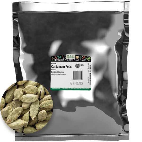 Frontier Co-op Organic Whole Cardamom Pods, 1-Pound, Sweet, Warm Taste, Exotic Floral Aroma, Certified Organic & Kosher