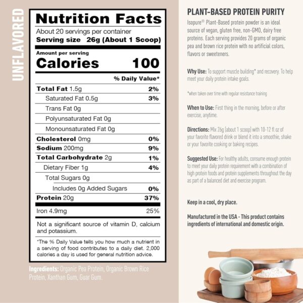 Isopure Chocolate Vegan Protein Powder, with Monk Fruit Sweetener & Amino Acids, Post Workout Recovery, Sugar Free, Plant Based, Organic Pea Protein, Dairy Free, 20 Servings (Packaging May Vary)