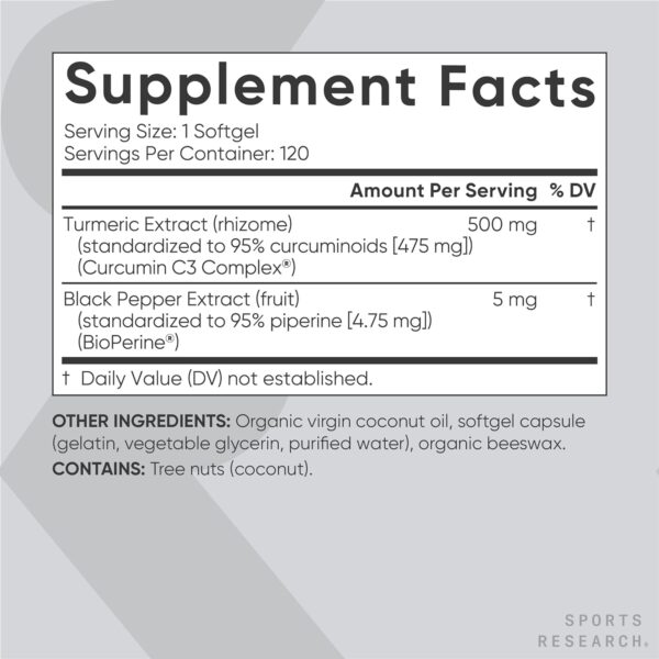 Sports Research Turmeric Curcumin C3 Complex – Softgels with Bioperine Black Pepper Extract & Organic Coconut Oil, Standardized 95% Curcuminoids – Non-GMO Verified & Gluten Free – 500mg, 120 Count