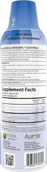 Aurora Nutrascience, Mega-Liposomal CoQ10/PQQ+ Vitamin C, Gluten Free, Non-GMO, Sugar Free, Organic Fruit Flavor, 16 fl oz (480 mL)