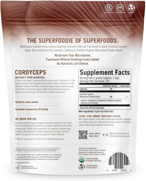 Om Organic Mushroom Superfood Powder, Cordyceps, 100 Servings, Energy and Endurance Support Supplement, 7.05 Ounce (Pack of 1)