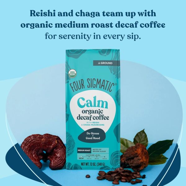 Four Sigmatic Calm Organic Decaf Ground Coffee | Swiss Water Decaf Coffee Ground | Decaffeinated Coffee with Chaga & Reishi