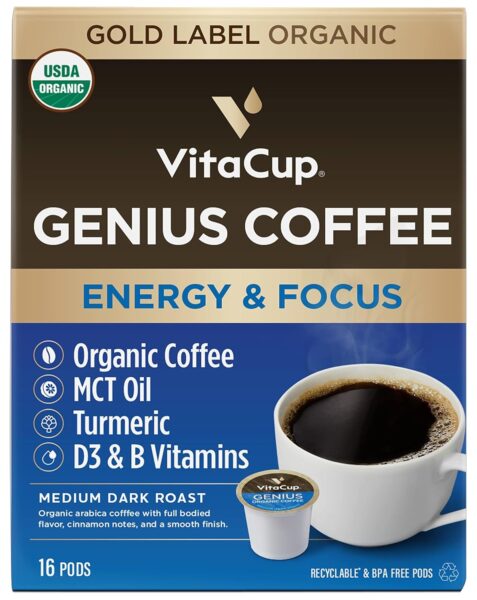 Vitacup Genius Gold & Focus Mushroom Coffee 32 Pod Bundle | Energy & Focus |Superfood & Vitamins Infused | Variety Pack of (2)