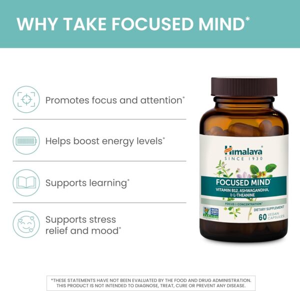 Himalaya Focused Mind with Ashwagandha, Bacopa & L-Theanine for Focus, Energy and Attention, 60 Capsules, 1 Month Supply, Vegan,