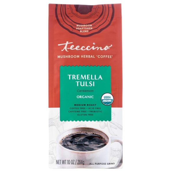 Teeccino Tremella Tulsi Coffee Alternative – Cardamom – Organic Adaptogenic Herbal Mushroom Coffee, Medium Roast, Caffeine Free,