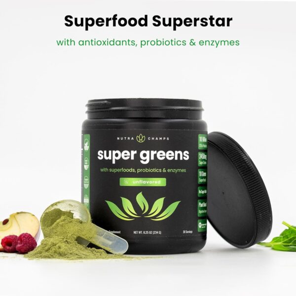 NutraChamps Super Greens Powder Premium Superfood | 20+ Organic Green Veggie Whole Foods | Alfalfa, Spirulina, Chlorella & More