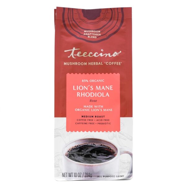 Teeccino Lion’s Mane Rhodiola Coffee Alternative – Rose – Adaptogenic Herbal Mushroom Coffee, Medium Roast, Caffeine Free,