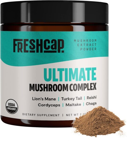 FreshCap Ultimate Mushroom Complex Powder – Lions Mane, Reishi, Cordyceps, Chaga, Turkey Tail, Maitake Supplements – for