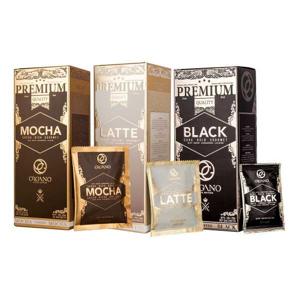 ORGANO 1 box Black Coffee, 1 box Cafe Latte and 1 Box Cafe Mocha 100% Certified Organic Gourmet Coffee