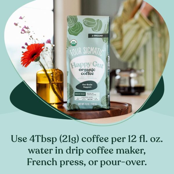 Four Sigmatic Happy Gut Organic Ground Coffee | Medium Roast Fair Trade Gourmet Coffee with Chaga & Turkey Tail | Immune
