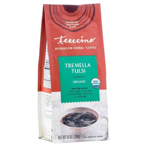 Teeccino Tremella Tulsi Coffee Alternative – Cardamom – Organic Adaptogenic Herbal Mushroom Coffee, Medium Roast, Caffeine Free,