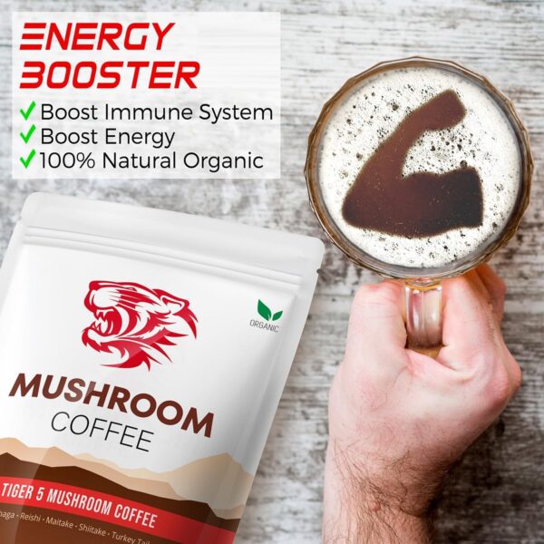 Tiger Organic 5 Mushroom Instant Coffee with 100% Arabica – Powerful Natural Ingredients | Reishi, Maitake, Shiitake, Chaga &